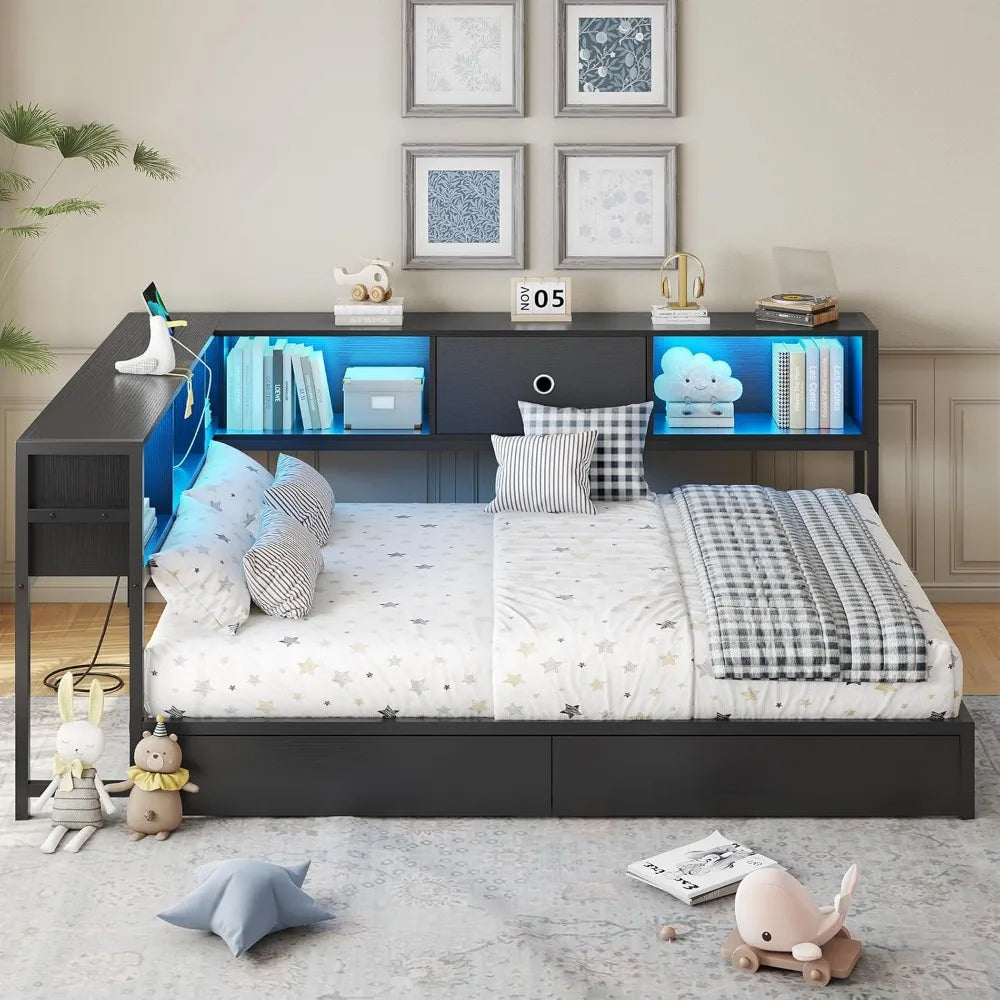 DICTAC Full Corner Bed Frame with Bookcase Storage and Led Lights Metal Platform Bed Frame Full Size with Storage Drawers & Char
