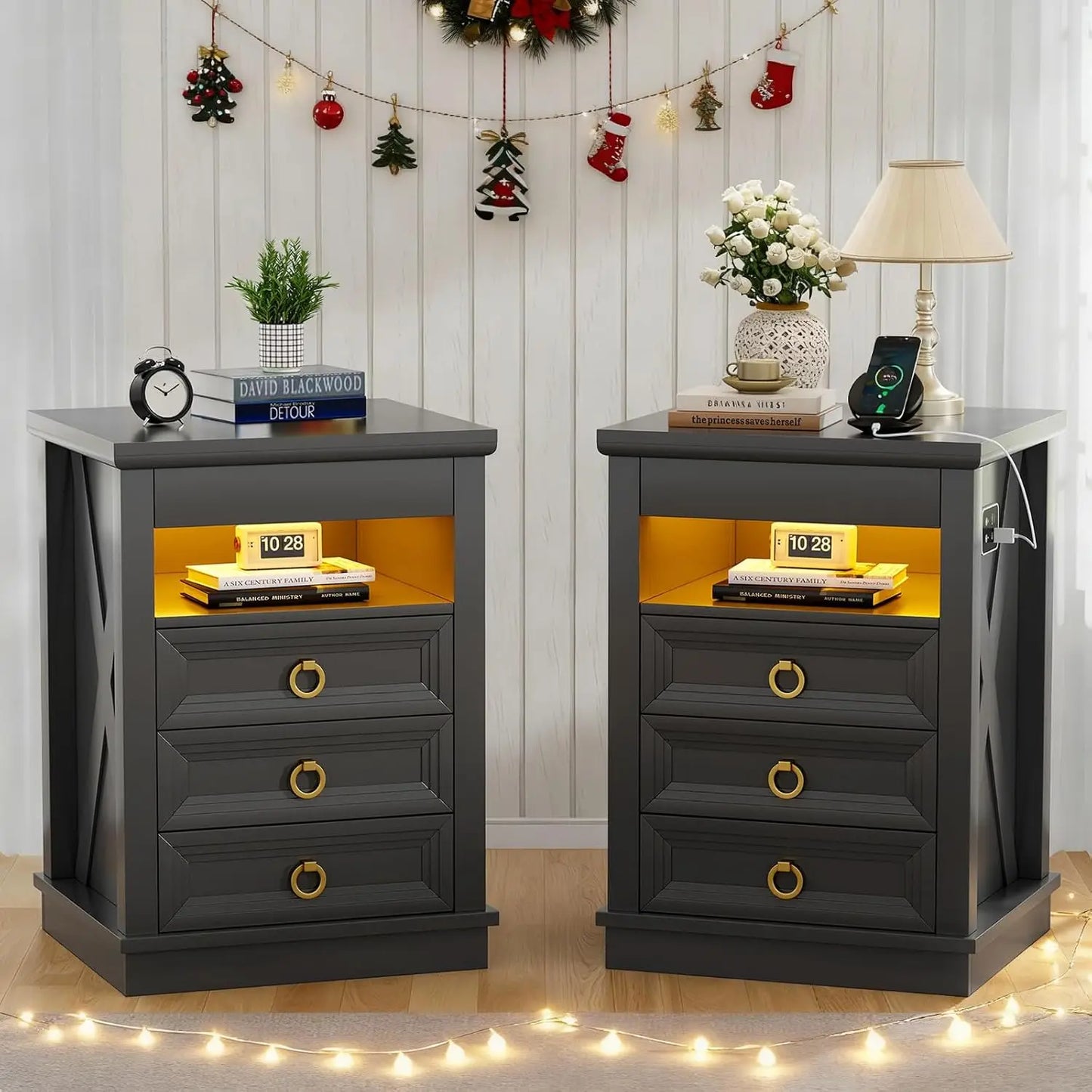 Smart Night Stand with Gun Drawer,Glass Top Nightstand with Charging Sation,LED Bedside Table with 3 Color, Customized
