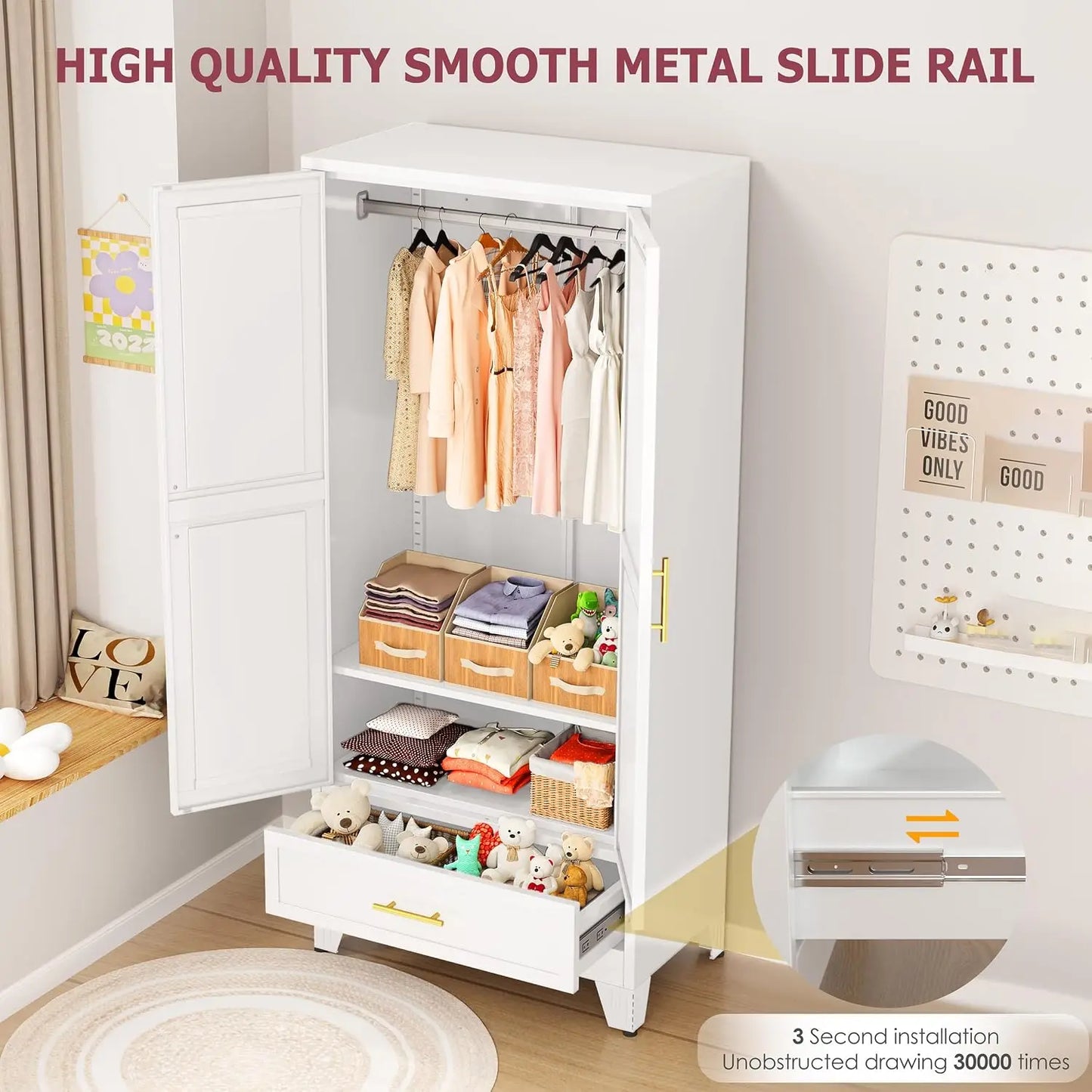 Metal Armoire Wardrobe Closet Cabinet With Drawer And Hanging Rod, Tall Storage Cabinet With Double Doors And Adjustable Shelf, Clothing Storage Organizer Locker For Bedroom Gym, 1 Piece