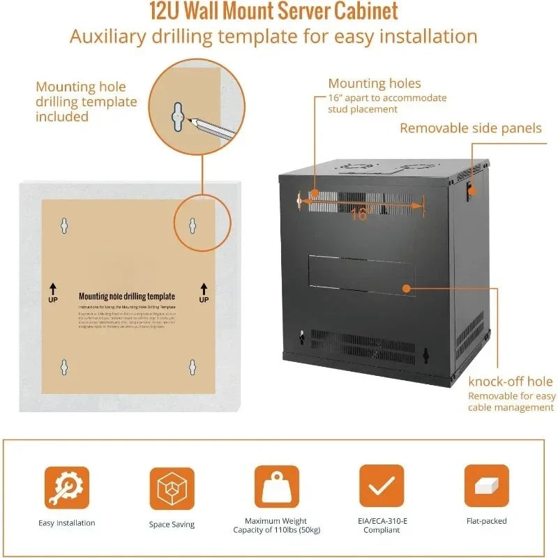 Tool 12U Wall Mount Server Cabinet IT Network Rack Enclosure Lockable Door and Side Panels Black,Cooling Fan,Glass Door