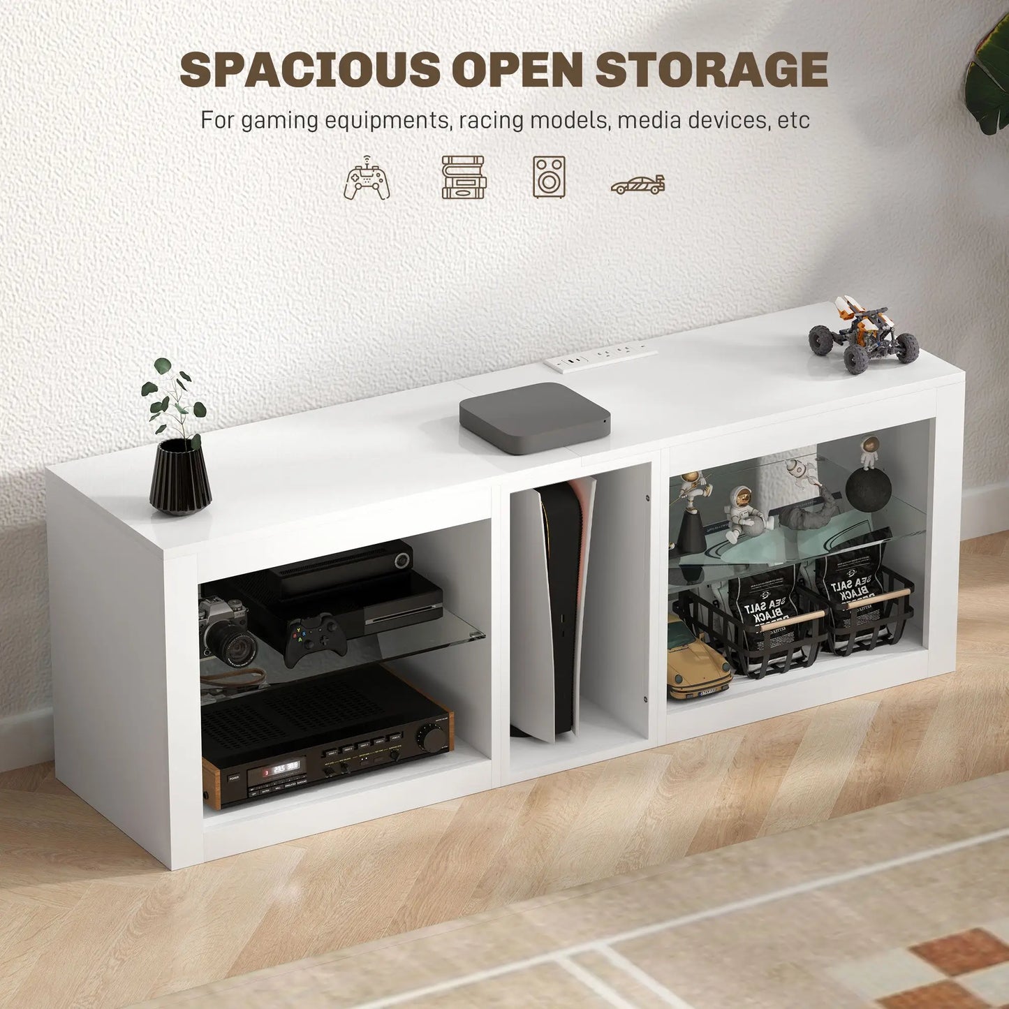 High Gloss White 55\" TV Stand with LED Lights and Power Outlets Adjustable Shelves Television Cabinet