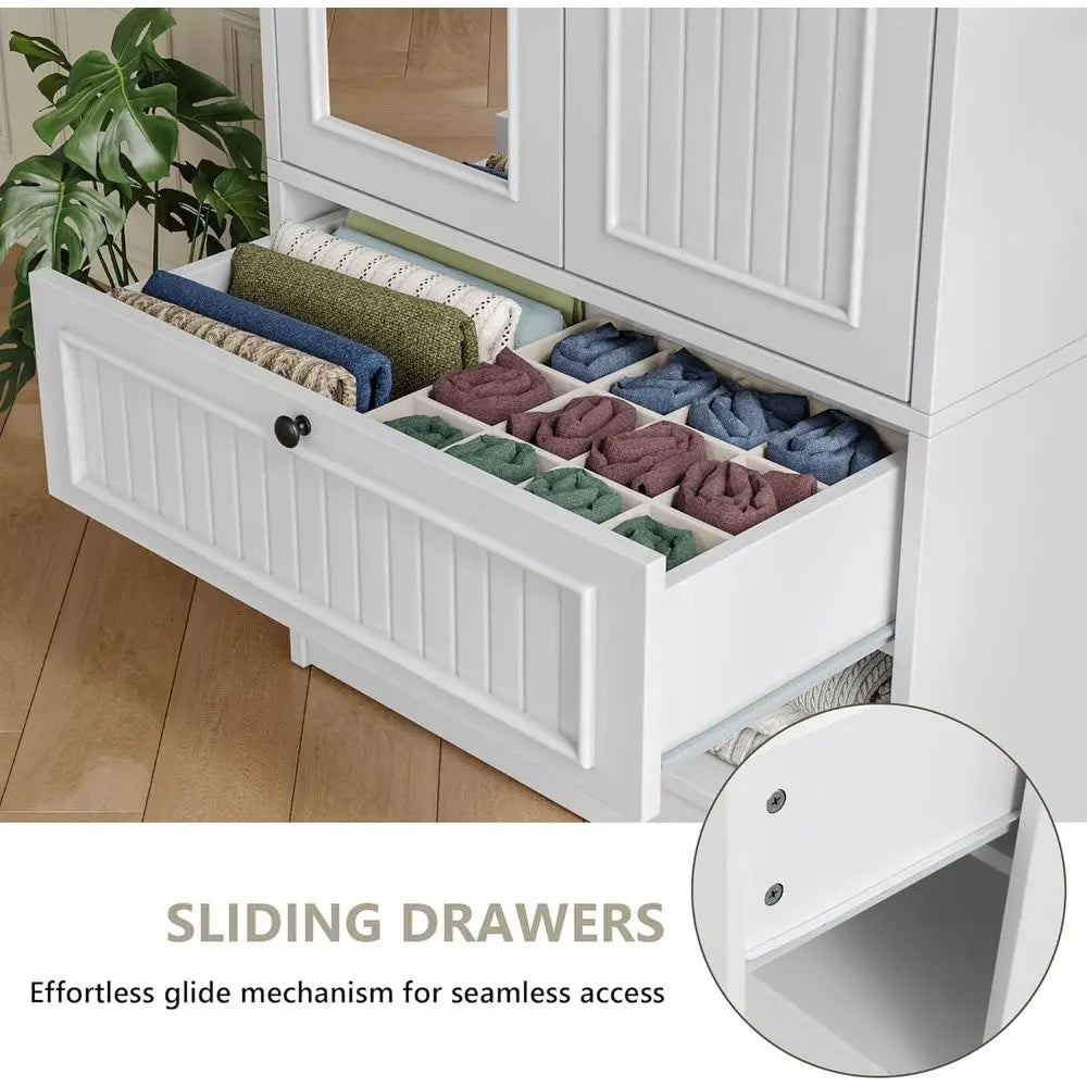 70-Inch Wooden Armoire with Mirror, 3-Side Hooks, Large Freestanding Bedroom Wardrobe in White