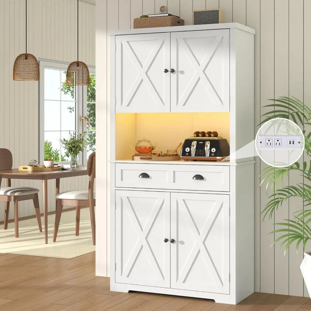 72" Farmhouse Kitchen Pantry Cabinet With LED, Operation Table & Power Outlet, Tall Storage With Drawer, Adjustable Shelves for