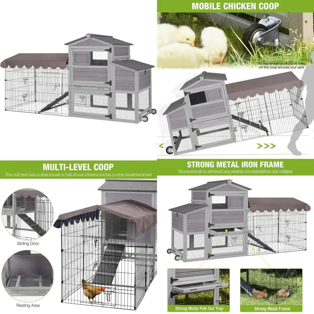 Large Mobile Chicken Coop - All-Steel Frame Hen House with Wheels, Metal Run, and Waterproof Cover