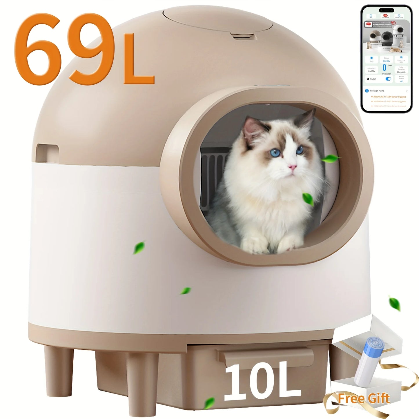 Self Cleaning Cat Litter Box For Multiple Cats, 80L Large Smart Automatic Cat Litter Box Wifi APP Control,  Safety Protection