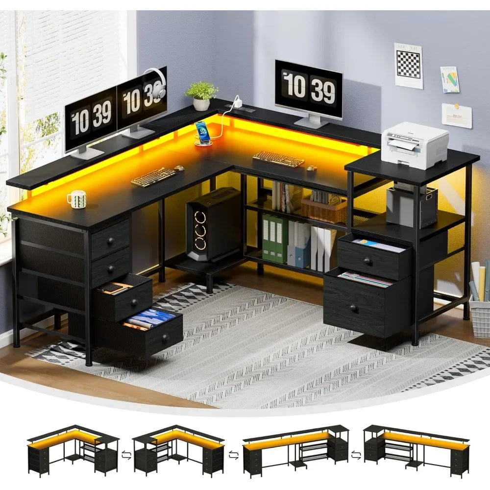 66" L Shaped Gaming Desk with 6 Drawers & Printer Storage Shelves, Reversible Computer Corner Desk with Power Outlets&LED Light