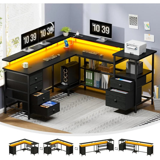 66" L Shaped Gaming Desk with 6 Drawers & Printer Storage Shelves, Reversible Computer Corner Desk with Power Outlets&LED Light