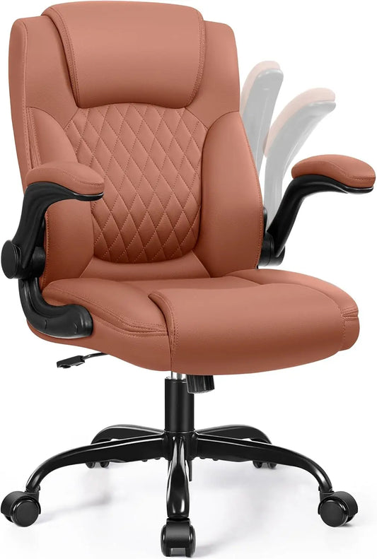Brown PU Chair for Short People: Compact Ergonomic Office & Gaming w/ Adjustable Arms, 360° Swivel