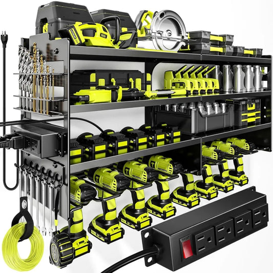 Upgraded version Large Power Tool Organizer Wall Mount with Charging Station,4 Layer Heavy Duty Metal Tool Storage Rack