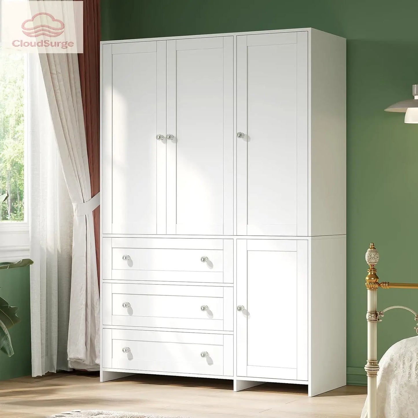 Armoire Wardrobe Closet with Drawers and Mirror, 71" Clothing Storage Cabinet with Hanging Rod, 4 Doors Wooden Wardrobe Cabinet