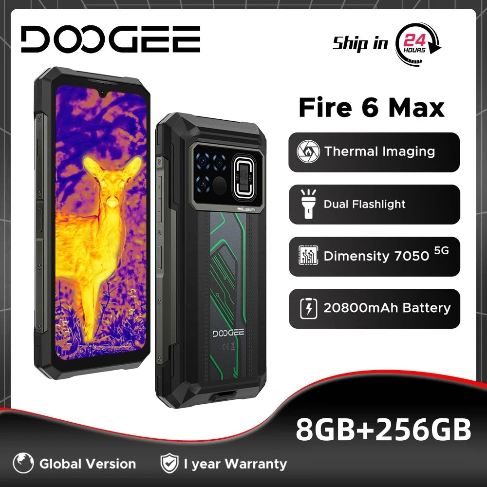 DOOGEE Fire 6 Max 5G Rugged Phone Dimensity 7050 Thermal Imaging 6.72” Dual Flashlight 20800mAh Battery 8GB 256GB Cellphone