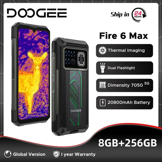 DOOGEE Fire 6 Max 5G Rugged Phone Dimensity 7050 Thermal Imaging 6.72” Dual Flashlight 20800mAh Battery 8GB 256GB Cellphone