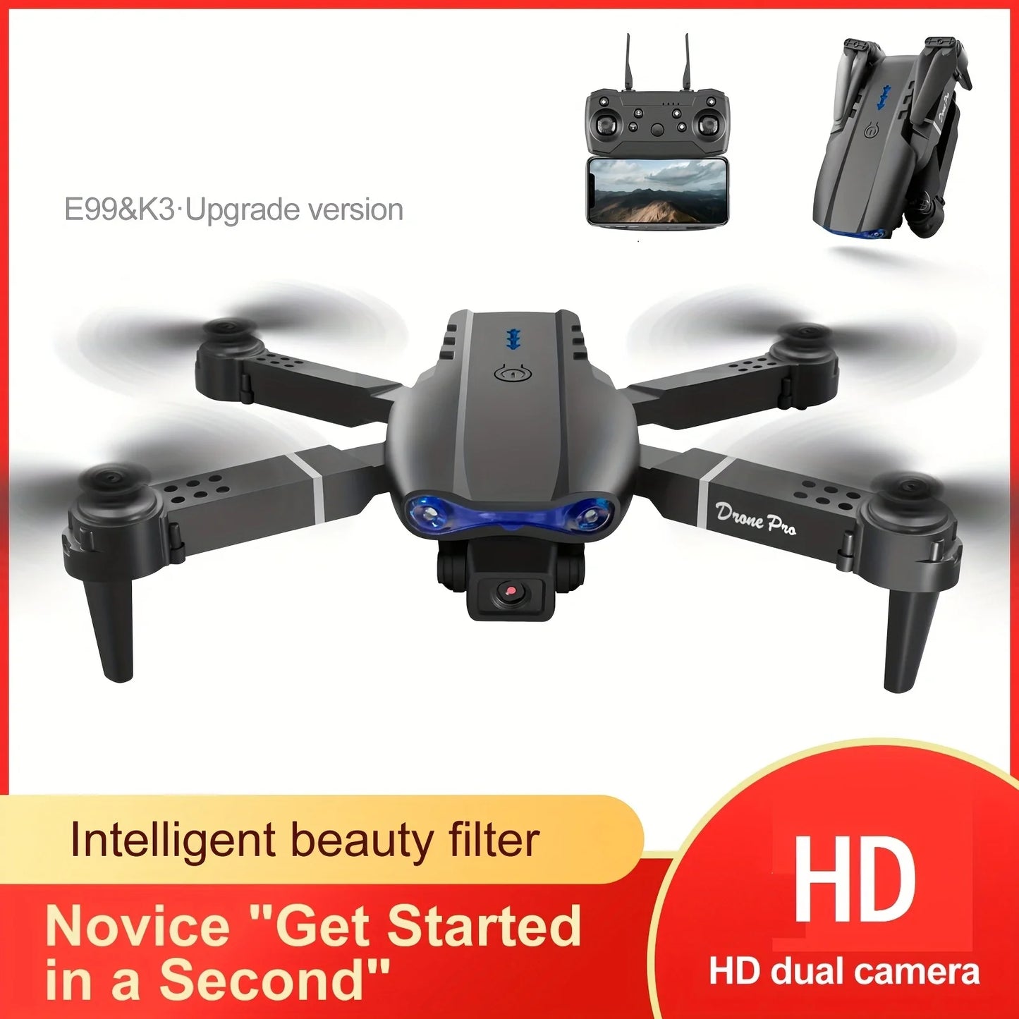 E99 Professional RC Drone, Dual Camera Double Folding RC Quadcopter Height Hold Remote Control Toy, Remote Control Beginner Men'