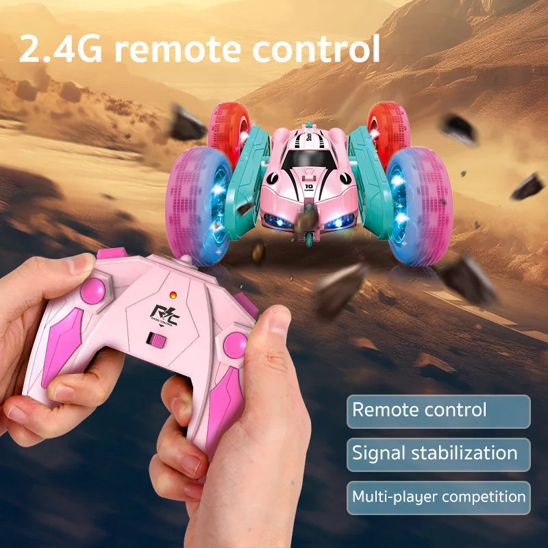 Remote Control Car - Girl Pink Remote Control Car -2.4G Double sided 360 ° Rotation - Car Toy with Lights - Girl Birthday Gift