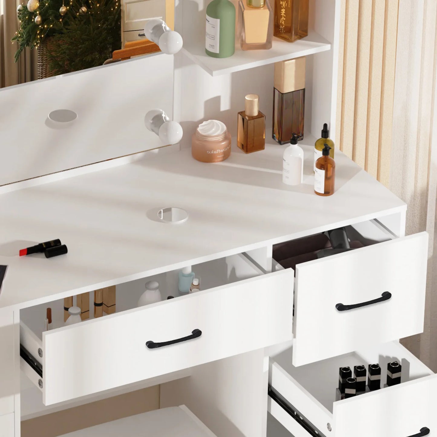 Teousev White Modern Vanity Set with 10 LED Lighted Mirror 5 Drawers & Stool 3 Color Dimmable Easy Assembly Bedroom Dressers