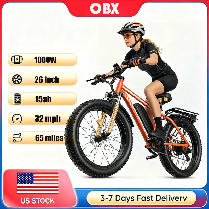 OBX-EB26 E-Bike Electric Bike for Adults 1000W Motor 48V 15Ah Battery 26 Inch Fat Tire E-Bike Disc Brake 28MPH 55KM Range