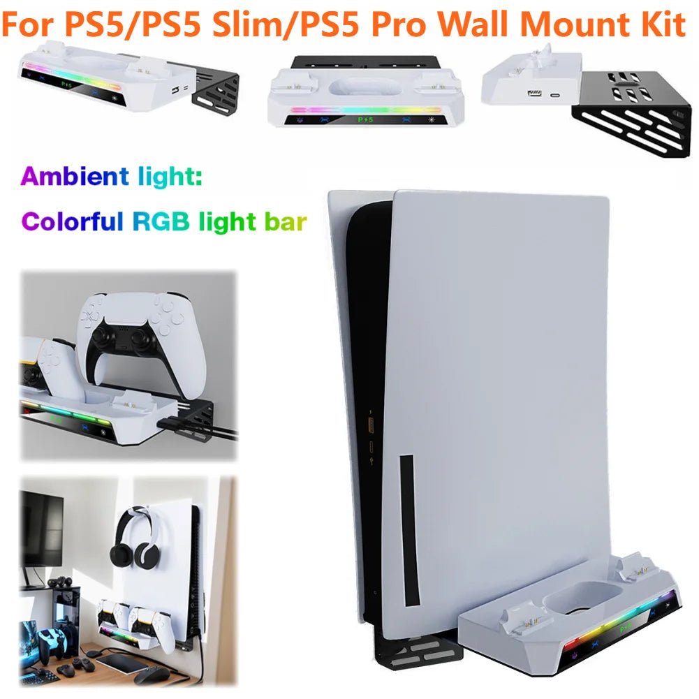 Wall Mount Kit & Charging Station W/ Headset Holder Metal Wall Hanging Charger Stand for for PS5/PS5 Slim Disc & Digital Console