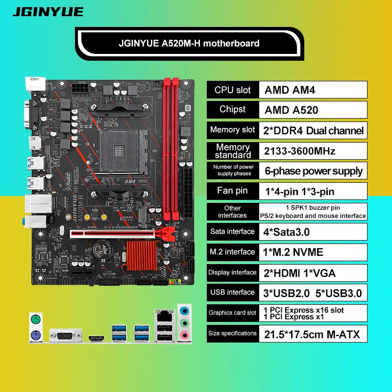 JGINYUE A520M-H motherboard AM4 DDR4 PCI-E 3.0 USB3.2 Micro ATX M.2 support  AM4 4000 series and 5000 series