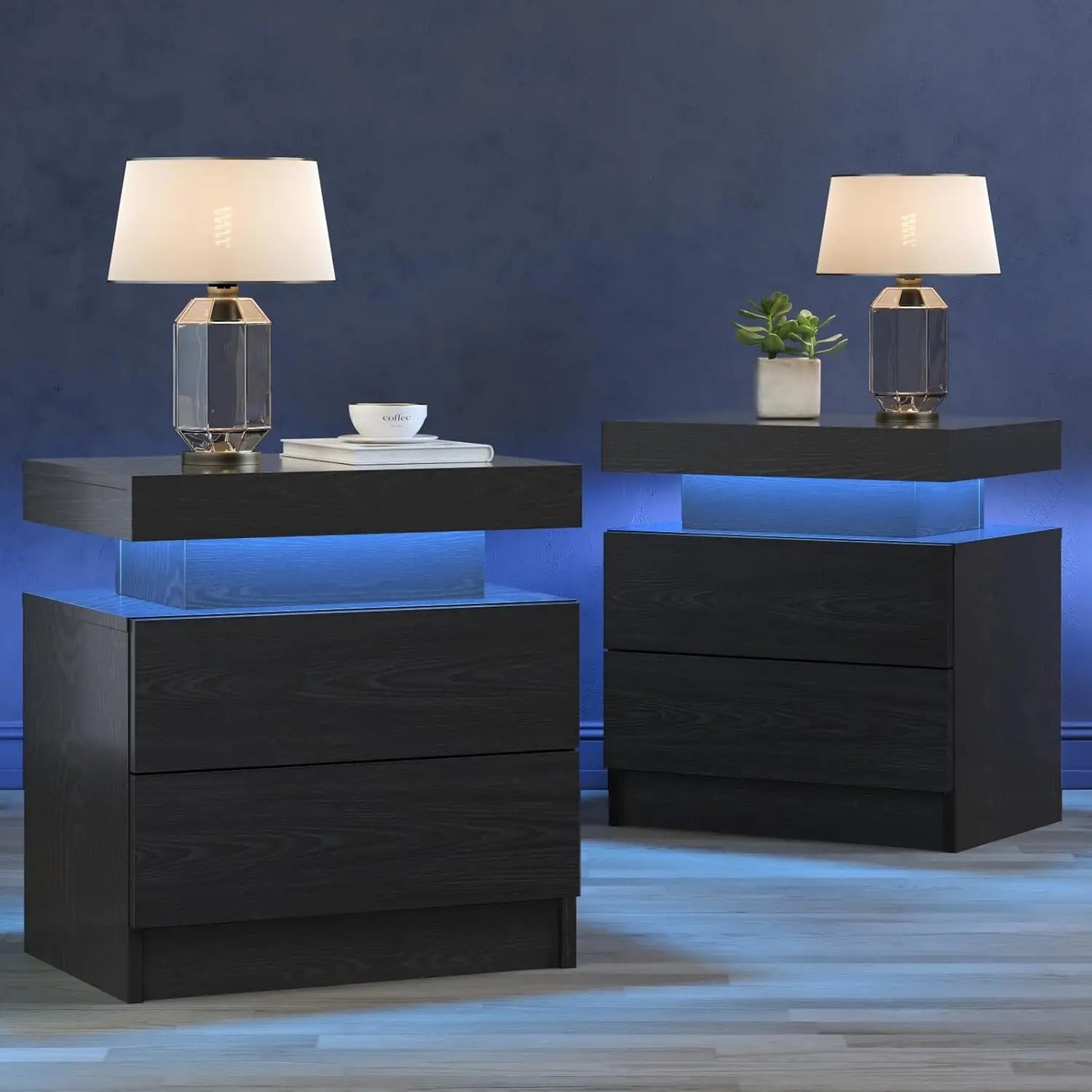 Nightstand LED Set of 2 Black Bedside Table LED Night Stand with LED Lights Modern End Side Table with 2 Drawers for Bedroom