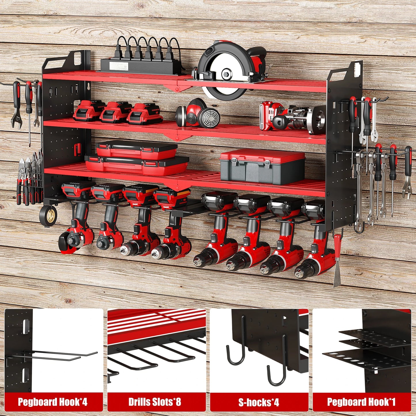 4 Layer Power Tool Organizer Wall Mount with Charging Station, Heavy Duty Tool Organization Rack, Screwdriver Storage, Tool Shel