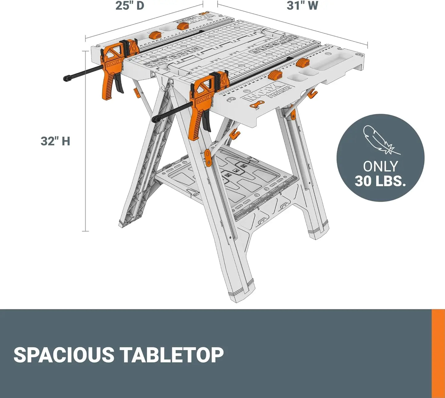 2-in-1 Folding Work Table & Sawhorse, Easy Setup Portable Workbench, 31" W x 25" D x 32" H Lightweight Worktable with