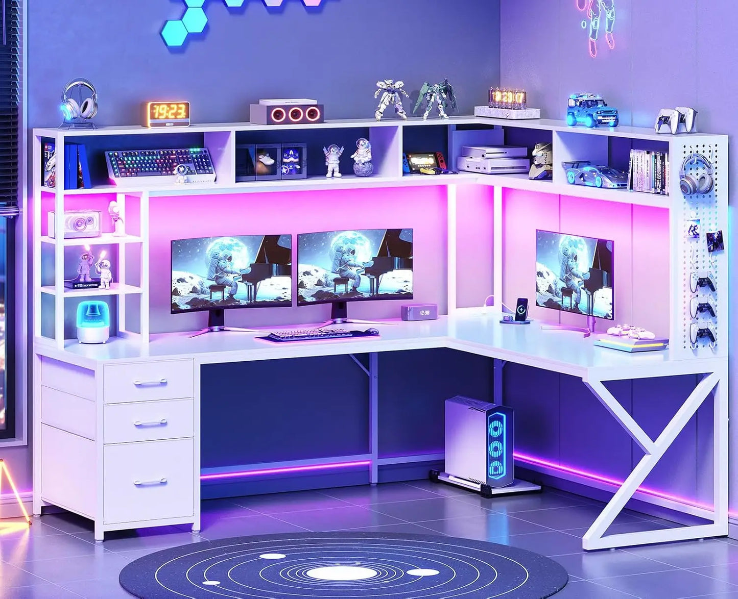 L Shaped Gaming Desk with Storage Shelves and Hutch, Convertible 94.5" Computer Desk with Drawers, Corner Computer, Customized