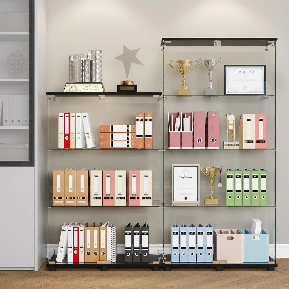 Glass Display Cabinet with 4-Shelf Double Doors and Lock, Curio Cabinet 5mm Tempered Glass Floor Standing Bookshelf for Living R