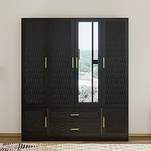 Wooden Armoire Wardrobe Closet：Modern Armoire Wardrobe Closet with 4 Doors, 2 Drawers and Hanging Rods for Tall Cabinet, Large C