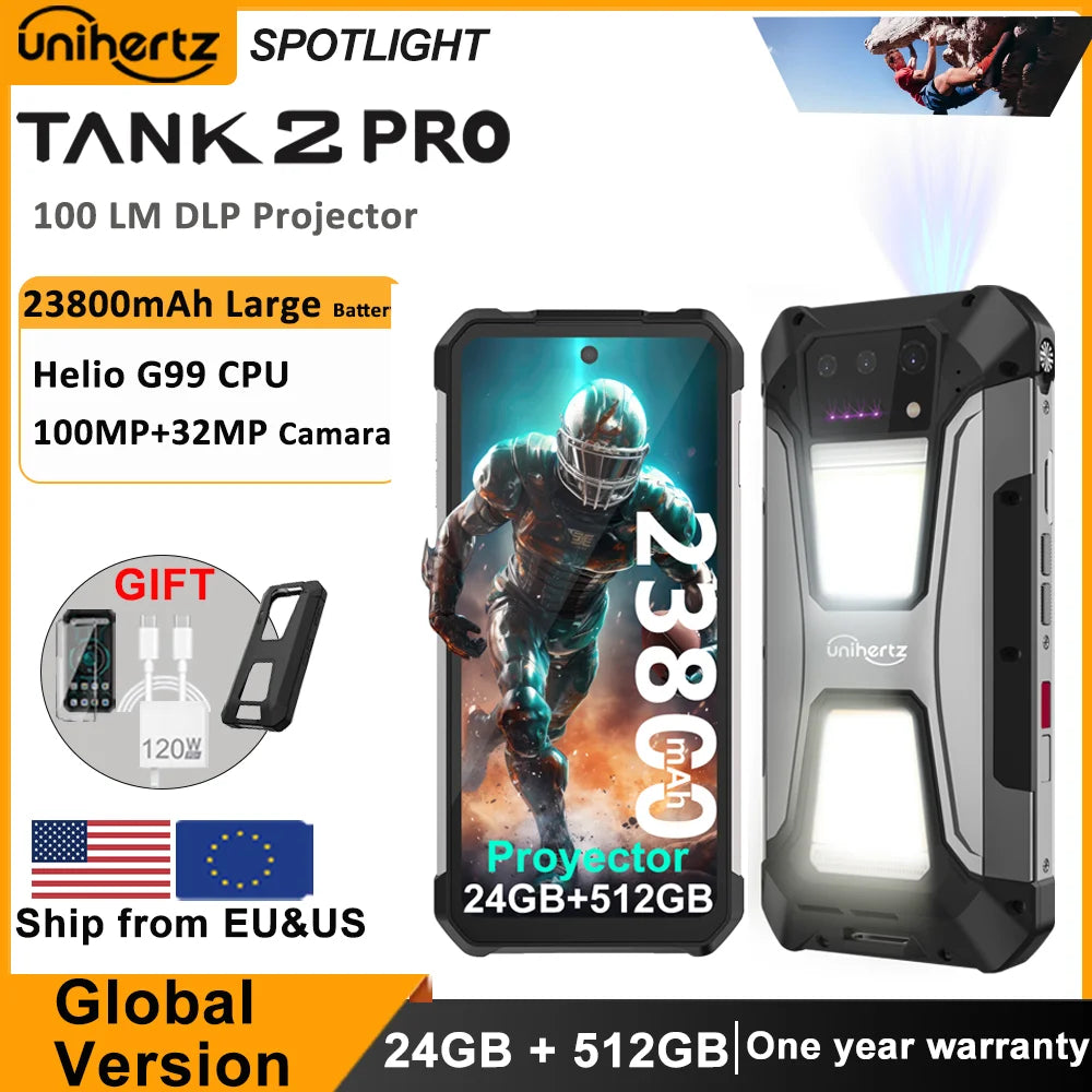 EU US stock Unihertz tank 2 Pro 8849 rugged phone with projector Android 14 100MP 16GB 256gb100mp NFC 120W charger 23800mAh