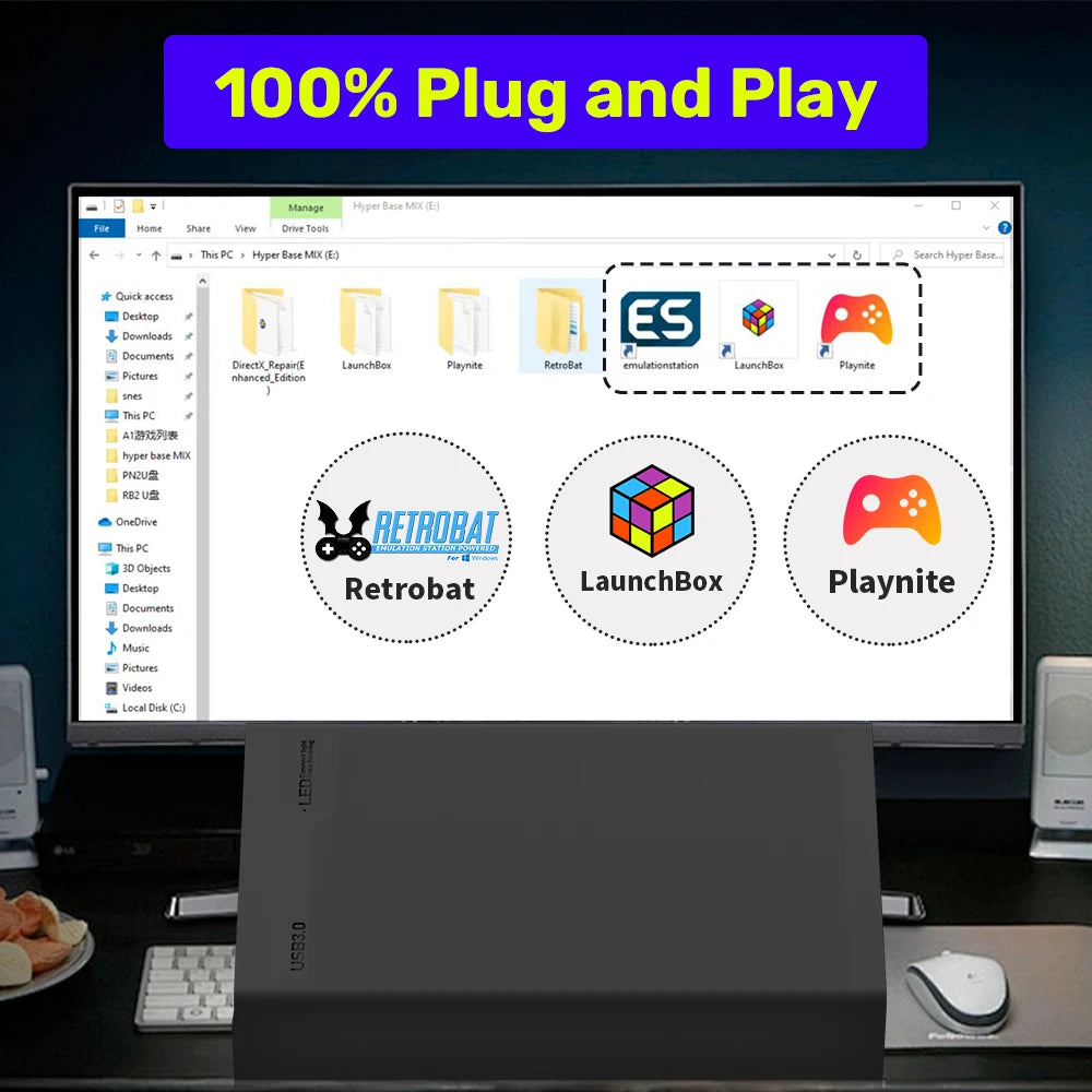 Hyper Base MIX 500G Retro Gaming Hard Drive Disk Game Console for PS3/PS2/SWITCH/XBOX/PS1/N64/DC/WII/WIIU 38293 Games for WIN PC