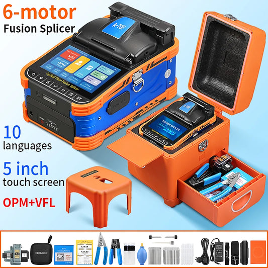 A-70F Six Motors Optical Fiber Fusion Splicer SM MM 10 Languages Touch Screen Fiber Optic Core Welding Machine Built in VFL OPM