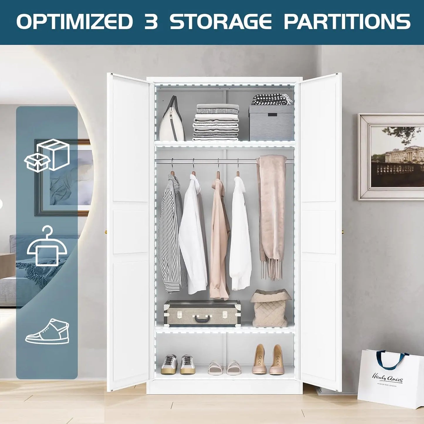Wardrobe Closet with 2 Doors, 72" Metal Clothing Storage Cabinets with Hanging Rod, Bedroom Armoires Laundry Room, Customized
