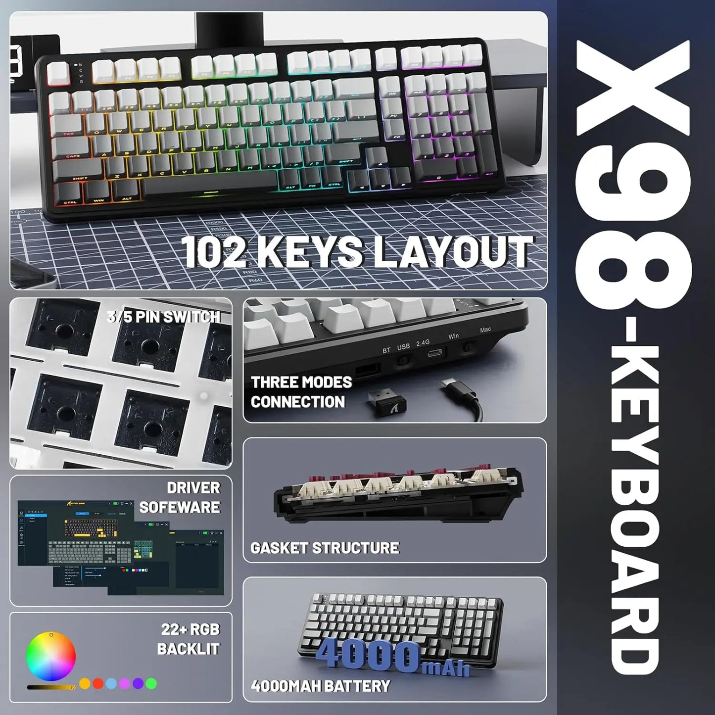 ATTACK SHARK X98 Wireless Mechanical Gaming Keyboard, Tri-Mode Hot-Swappable Gasket Mount RGB Backlit Keyboard for PC/Tablet/PS5