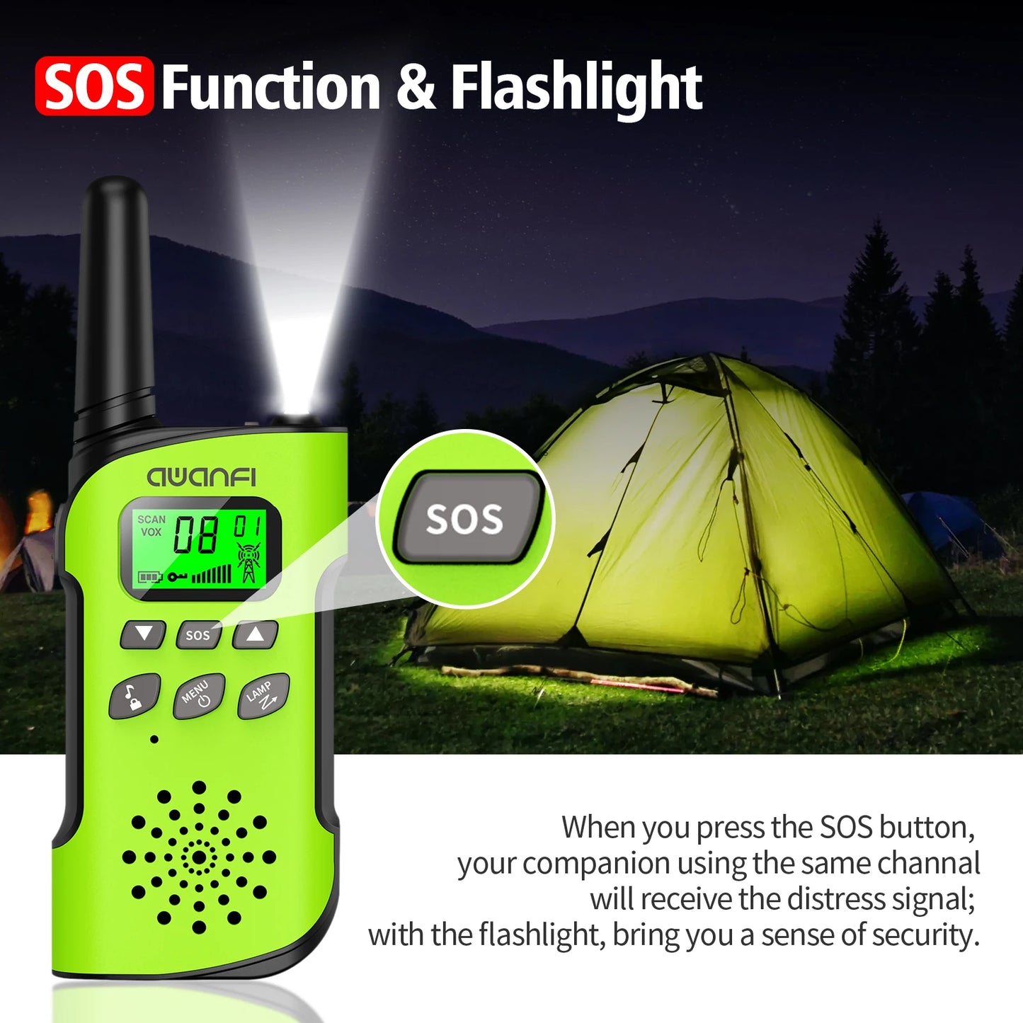 AWANFI Walkie Talkies 4 Packs Rechargeable  for kids, Long Range Flashlight 8 Channel, USB Type C for Camping, Hiking, Gifts