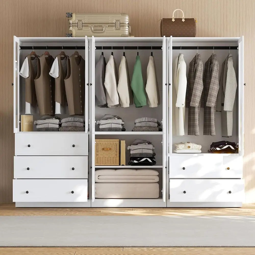 20-Drawer Glass-Door Wardrobe, 71 High Hanging Storage Cabinet with Soft-Close, Large Capacity White Closet