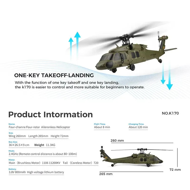 Wltoys K170 RC Helicopter UH-60L 4 Channel Remote Control brushless Helicopters with Gyro and LED Light Durable Airplane Toy