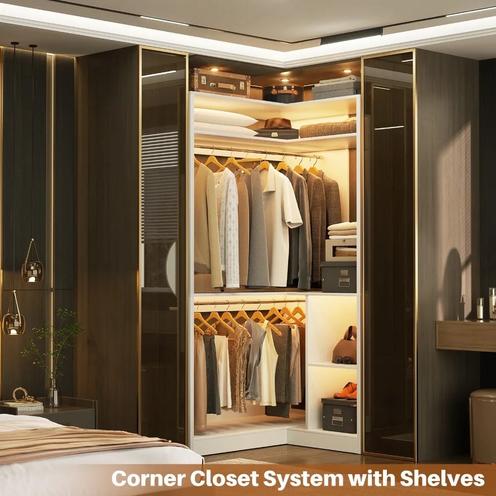 L Shaped Corner Closet Organizer System Garment Rack with Shelves & Hanging Rod