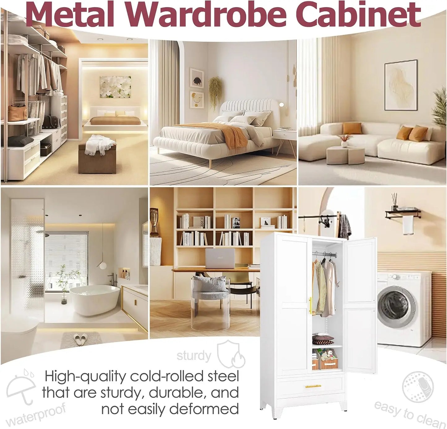 Metal Armoire Wardrobe Closet Cabinet With Drawer And Hanging Rod, Tall Storage Cabinet With Double Doors And Adjustable Shelf, Clothing Storage Organizer Locker For Bedroom Gym, 1 Piece