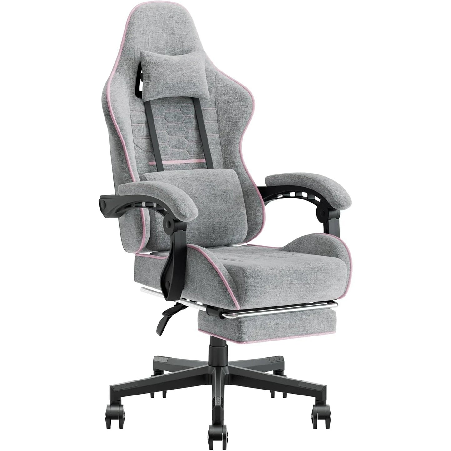 Gaming Chair Fabric with Pocket Spring Cushion, Massage Game Chair Cloth with Headrest, Pink and Grey