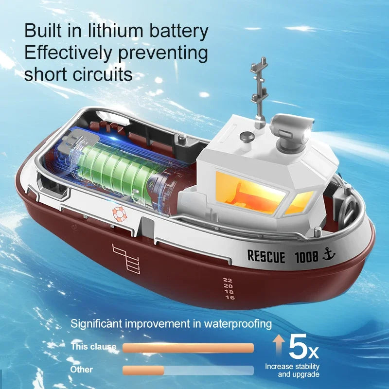 1/72 Mini Boat S820 RC Tugboat 2.4G Dual Motors Remote Control Ship Electric Watercraft Model Toys with LED Light for Kids Gift