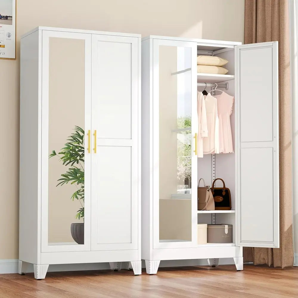 Metal Armoire Wardrobe Closet with 2 Mirror Do, 71" Wardrobe Cabinet with Adjustable Shelves and Hanging Rod, Clothing Storage C