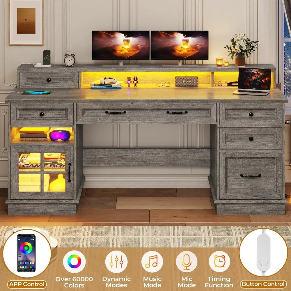 Farmhouse Executive Desk with File Drawer, Computer Desk with Charging Station & LED Lights, Home Office Desk with Drawers & Sto