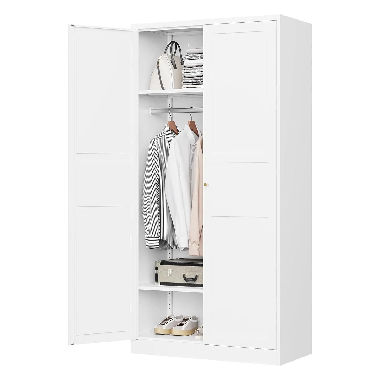 Wardrobe Closet with 2 Doors, 72" Metal Clothing Storage Cabinets with Hanging Rod, Bedroom Armoires Laundry Room, Customized