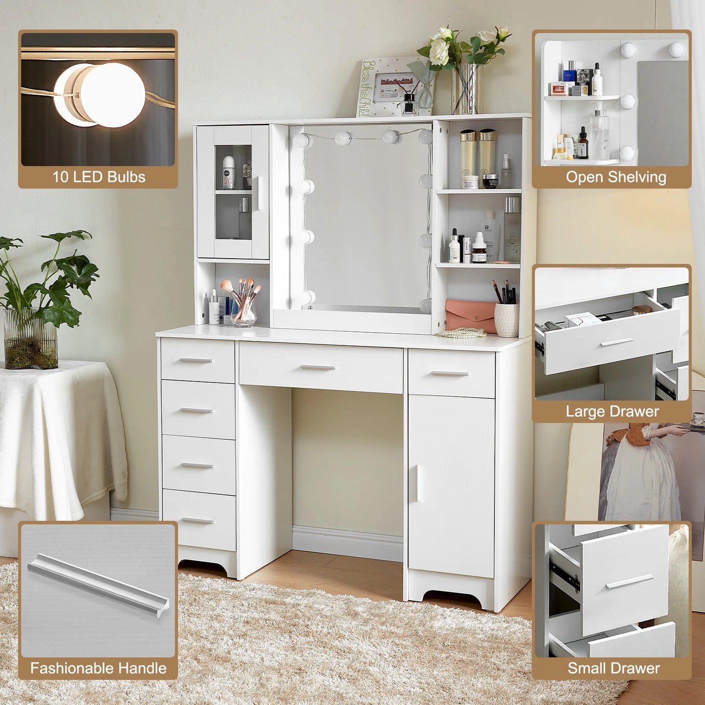 Teousev White Modern Vanity Set Openable 3-Colour Lighting Mirror 5 Drawers & Glass Cabinet Easy Assembly Bedroom Makeup Desk