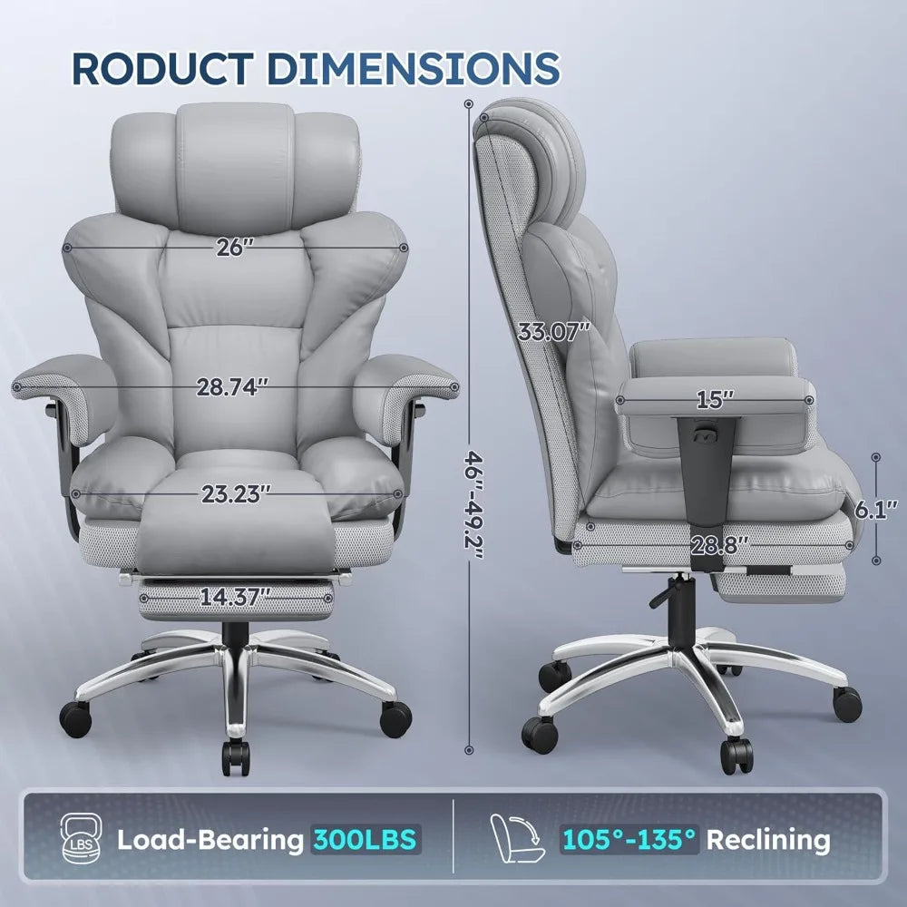 Big and Tall Office Chair - High Back Leather Executive Office Chair with Foot Rest & Lumbar Support, Ergonomic Reclining Gaming