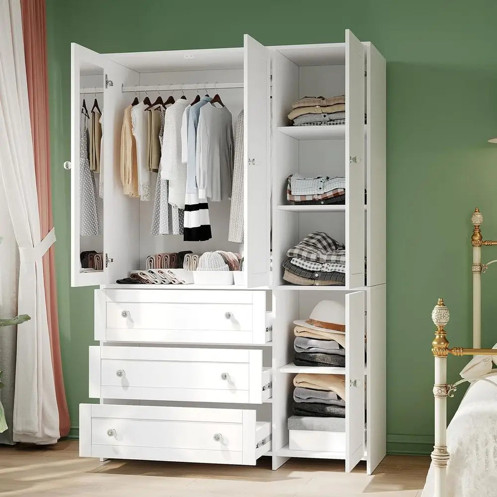 Armoire Wardrobe Closet with Ders and Mirror, 71" Clothing Storage Cabinet with Hanging Rod, 4 DoWooden Wardrobe Cabinet or Bedr