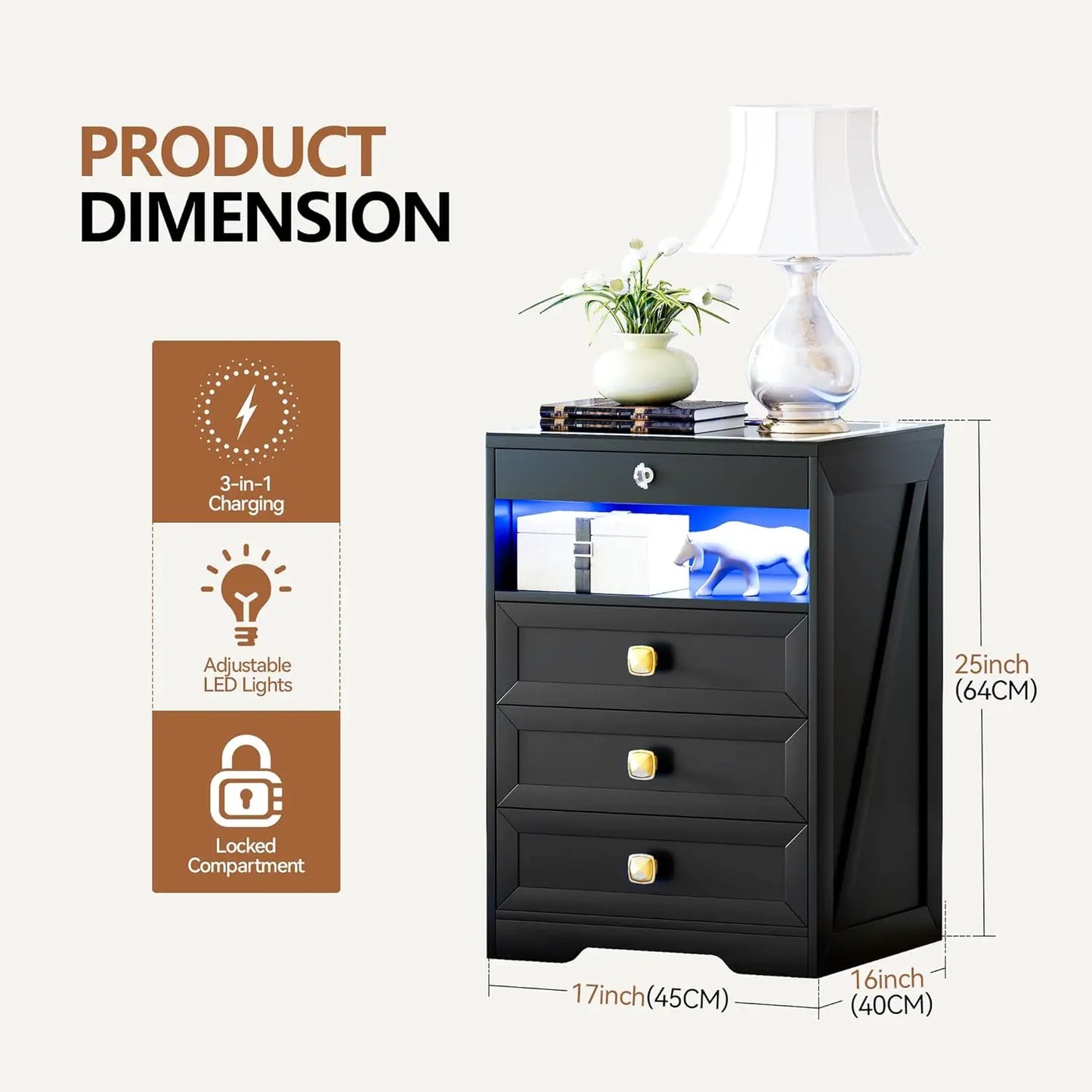 Smart Night Stand with Gun Drawer,Glass Top Nightstand with Charging Sation,LED Bedside Table with 3 Color, Customized