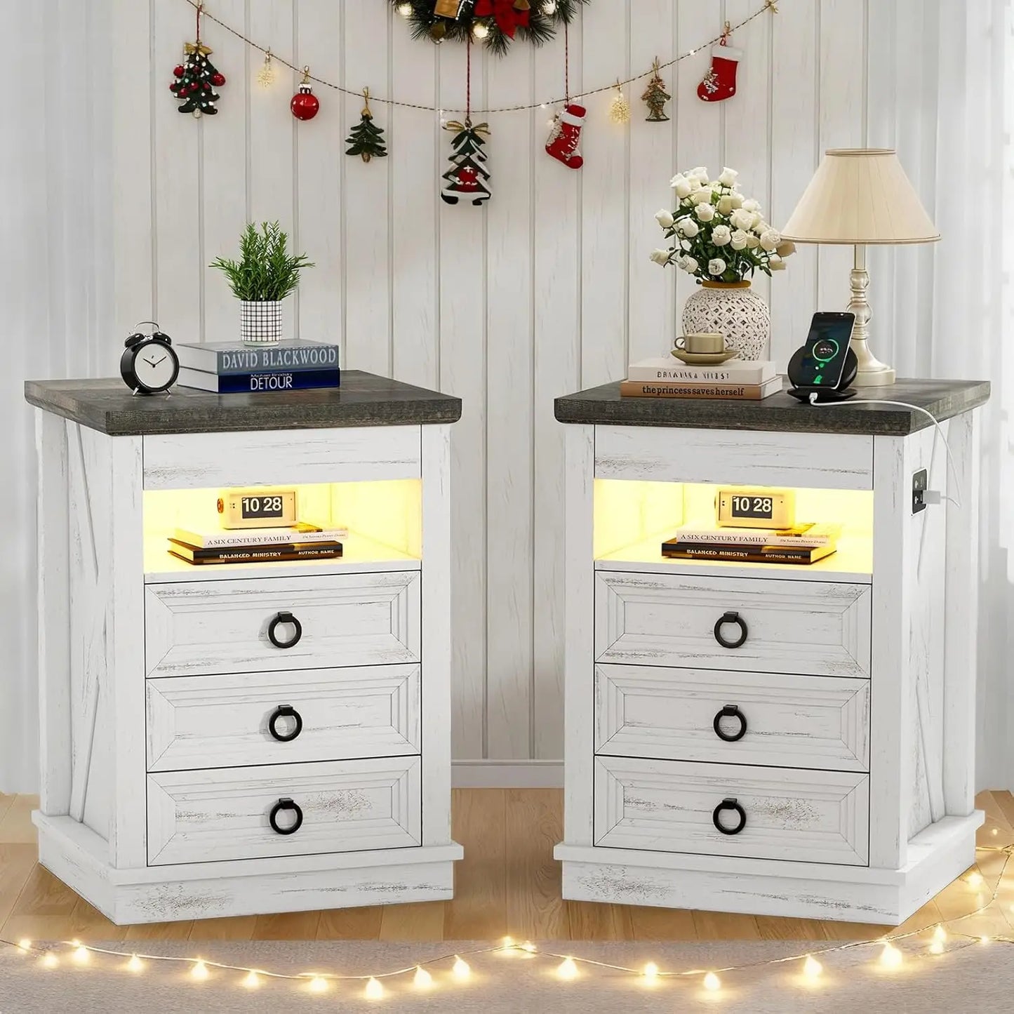Smart Night Stand with Gun Drawer,Glass Top Nightstand with Charging Sation,LED Bedside Table with 3 Color, Customized