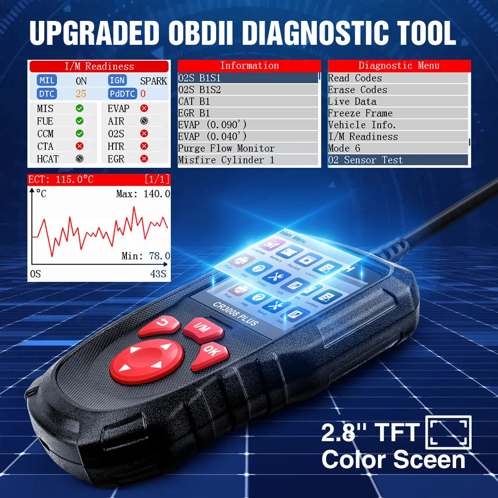 LAUNCH X431 CR3008 PLUS OBD2 Scanner OBDII Code Reader Diagnostic Tool DTC Lookup Check Engine Battery Scan Lifetime Free Update