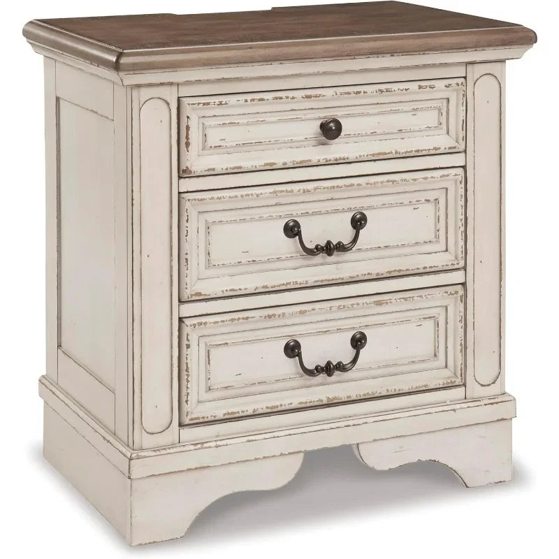 New upgrade-Realyn French Country 3 Drawer Nightstand with Electrical Outlets & USB Ports, 27.75" Tall, Chipped White